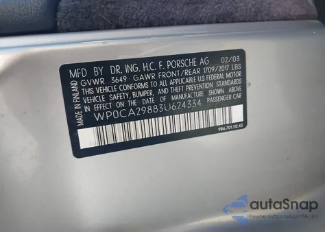 2003 Porsche Boxster z USA, uszkodzony, nr VIN WP0CA29883U624334